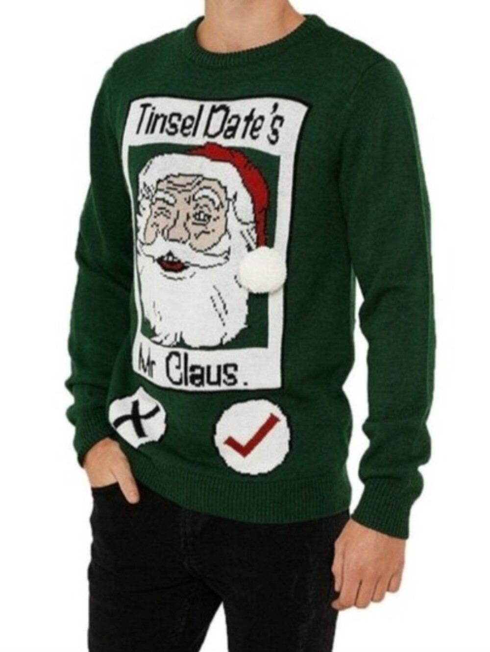 Threadbare Mr. Claus Ugly Christmas Sweater Green Mens Size XL Pom Pom Knit